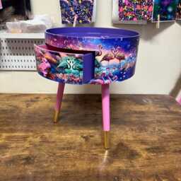 Pink & Purple Flamingo Side Table, Tropical Dreamy Design Nightstand. Ideal Bedside Table Or End Table. Purple With Gold Tips - thumbnail 3