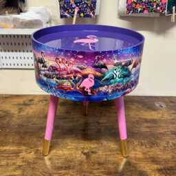 Pink & Purple Flamingo Side Table, Tropical Dreamy Design Nightstand. Ideal Bedside Table Or End Table. Purple With Gold Tips - thumbnail 1