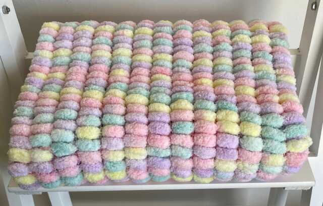 Hand Knitted Pom Baby Blanket - Pink/Lemon/Lilac/Mint Car Seat Size - Approx 43cmx48cm - image 1