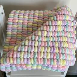 Hand Knitted Pom Baby Blanket - Pink/Lemon/Lilac/Mint Car Seat Size - Approx 43cmx48cm - thumbnail 3