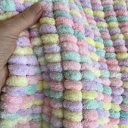 Hand Knitted Pom Baby Blanket - Pink/Lemon/Lilac/Mint Car Seat Size - Approx 43cmx48cm - thumbnail 2