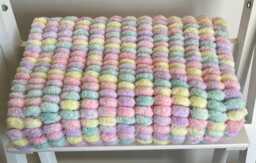Hand Knitted Pom Baby Blanket - Pink/Lemon/Lilac/Mint Car Seat Size - Approx 43cmx48cm - thumbnail 1