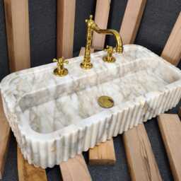 Calacatta Viola Gold Marble Sink. Wall Mount & Countertop Ribbed Bathroom Vanity Vessel Basin - thumbnail 4