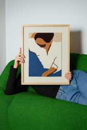 Framed Textile Art Moody Woman Portrait, Eclectic Wall Hanging, Black Owned Art