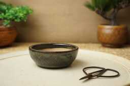 Handmade Mottled Blue Red Mame Bonsai Pot. 9cm Diameter, 3cm High. G2537.2 - thumbnail 1