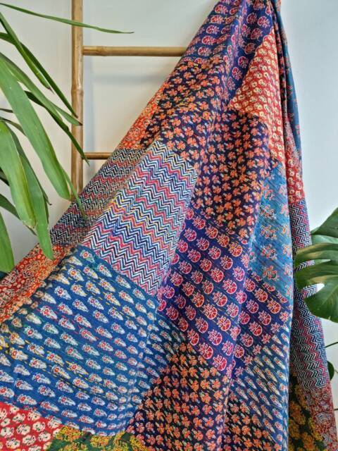 Kantha Stitch Pure Cotton Reversible Bed/Sofa Throw King Size - Handmade Handprinted Floral Dohar Ajrakh Blue Red Orange Green Mini Motifs - image 1