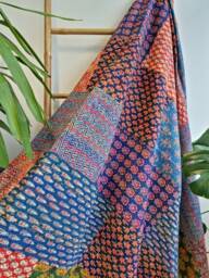 Kantha Stitch Pure Cotton Reversible Bed/Sofa Throw King Size - Handmade Handprinted Floral Dohar Ajrakh Blue Red Orange Green Mini Motifs - thumbnail 1