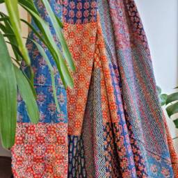 Kantha Stitch Pure Cotton Reversible Bed/Sofa Throw King Size - Handmade Handprinted Floral Dohar Ajrakh Blue Red Orange Green Mini Motifs - thumbnail 2