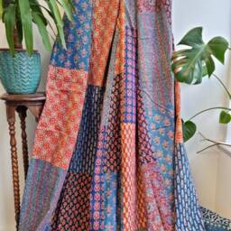 Kantha Stitch Pure Cotton Reversible Bed/Sofa Throw King Size - Handmade Handprinted Floral Dohar Ajrakh Blue Red Orange Green Mini Motifs - thumbnail 3