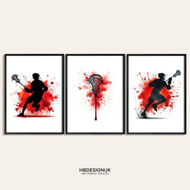 Lacrosse Decor Print Poster Set - Of 3 Posters - Watercolour Art Painting Red Design Prints Sport Gifts Pictures - image 1