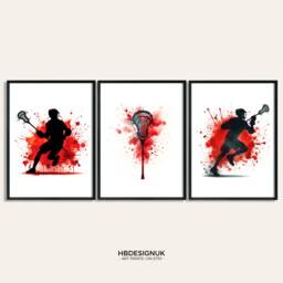 Lacrosse Decor Print Poster Set - Of 3 Posters - Watercolour Art Painting Red Design Prints Sport Gifts Pictures - thumbnail 1