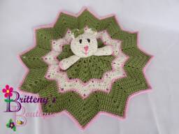 Crochet Baby Lovey White Cat, Green Cotton Security Blanket - thumbnail 1