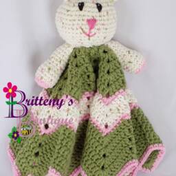 Crochet Baby Lovey White Cat, Green Cotton Security Blanket - thumbnail 3