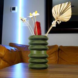 Bandes Vase, Modern 3D Printed Ridged Eco Dried Flower Holder, Matte Green Deco Vase - thumbnail 3