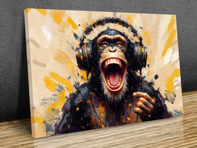 Laughing Chimpanzee Dj Wearing Headphones, Modern Art, Wall Ready To Hang - image 1