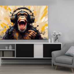 Laughing Chimpanzee Dj Wearing Headphones, Modern Art, Wall Ready To Hang - thumbnail 2