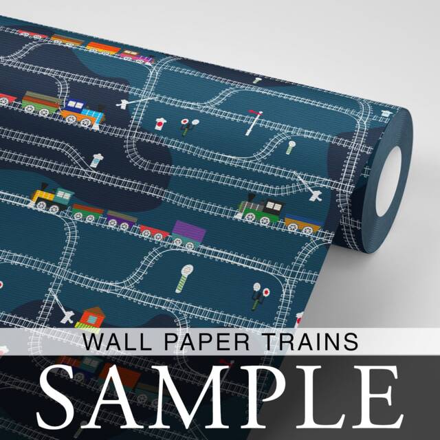 Sample Trains Wallpaper Boys Nursery Wall Mural Navy Blue Kids Printed Removable Self Adhesive Fabric Easy Install - image 1