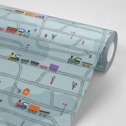 Sample Trains Wallpaper Boys Nursery Wall Mural Navy Blue Kids Printed Removable Self Adhesive Fabric Easy Install - thumbnail 3