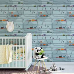 Sample Trains Wallpaper Boys Nursery Wall Mural Navy Blue Kids Printed Removable Self Adhesive Fabric Easy Install - thumbnail 4