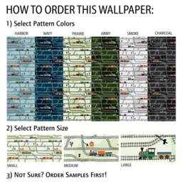 Sample Trains Wallpaper Boys Nursery Wall Mural Navy Blue Kids Printed Removable Self Adhesive Fabric Easy Install - thumbnail 2