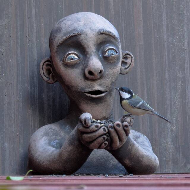 Ceramic Bird Man Bird Feeder Sculpture - image 1