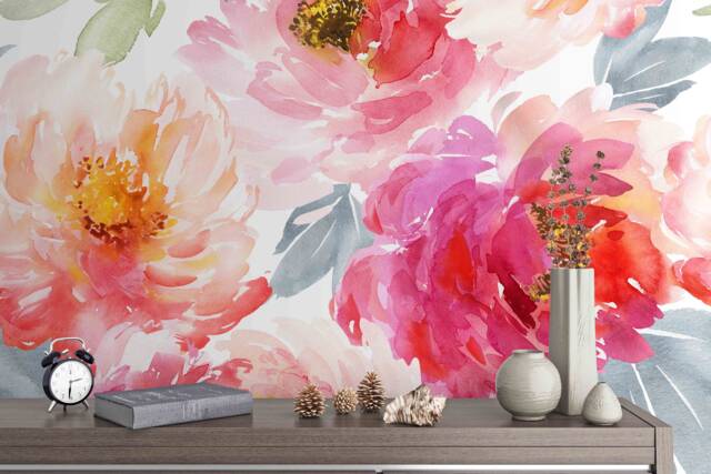 3D Peony Floral Wall Mural, Watercolor Painting, Peel & Stick Wallpaper - image 1