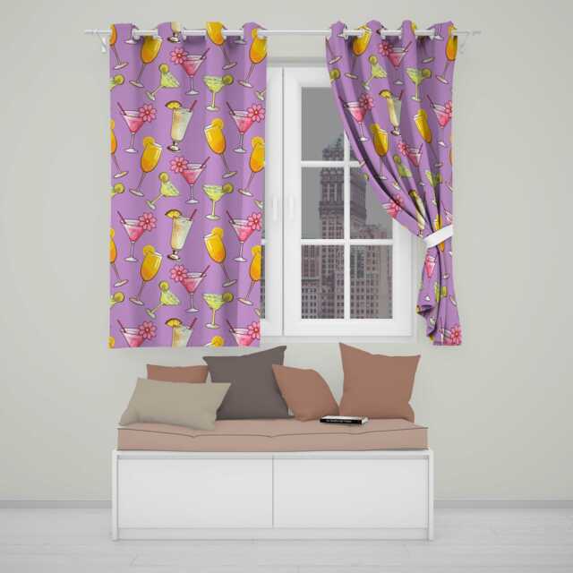 Tropical Cocktail Drinks Seamless Pattern Lavender Background Readymade Eyelet Ring Top Thermal 100% Blackout Curtains - image 1