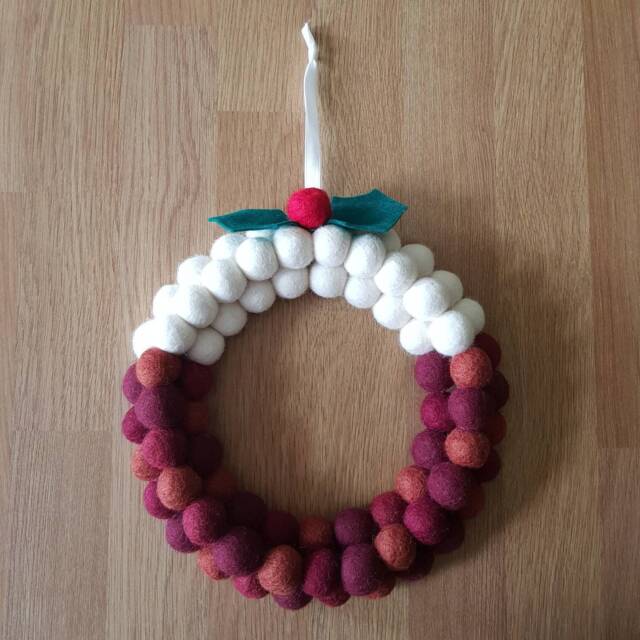Christmas Pudding Felt Ball Wreath, Figgy Decoration, Home Decor Plum With Holly Berry Hanging - image 1
