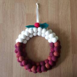 Christmas Pudding Felt Ball Wreath, Figgy Decoration, Home Decor Plum With Holly Berry Hanging - thumbnail 1