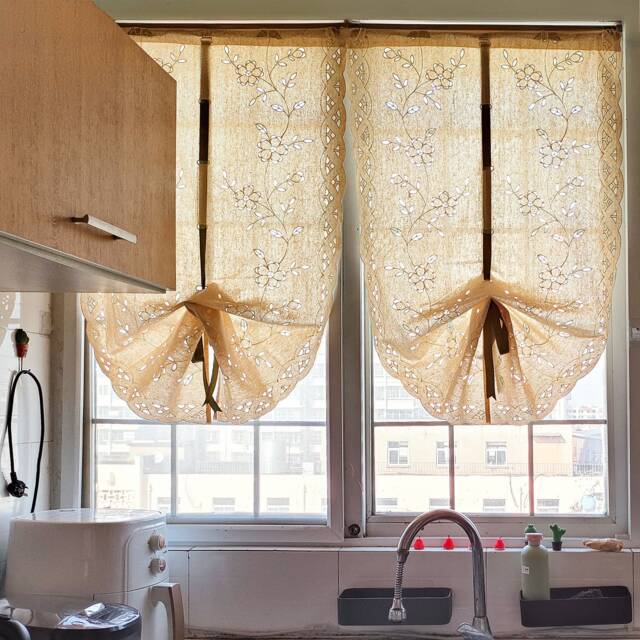 Beige Crochet Lace Tie Up Valance Farmhouse Kitchen Curtain - image 1