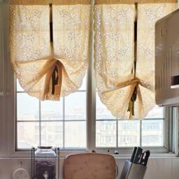 Beige Crochet Lace Tie Up Valance Farmhouse Kitchen Curtain - thumbnail 2