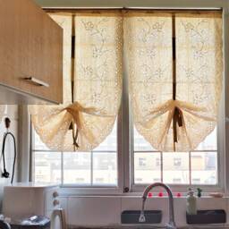 Beige Crochet Lace Tie Up Valance Farmhouse Kitchen Curtain - thumbnail 1