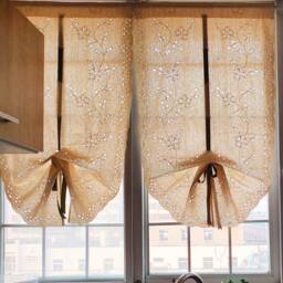 Beige Crochet Lace Tie Up Valance Farmhouse Kitchen Curtain - thumbnail 3