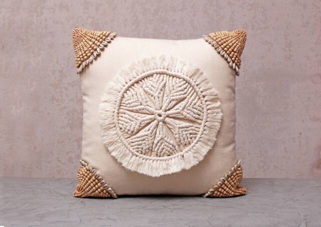 Off-White Cotton Macrame Bohemian, Bali Style Pillow Cover, Decorative Handmade Throw Cover, Embroidered Cover Wlcc045 - image 1