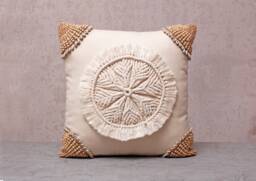 Off White Macrame Pillow Cover, Handmade Boho Cushion Cover With Wooden Beads, Cotton Throw