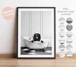 Black & White Print Cocker Spaniel Dog in A Bath Print, Bathing, Funny Bathroom Animal Bathtub, Dog Tub - thumbnail 1
