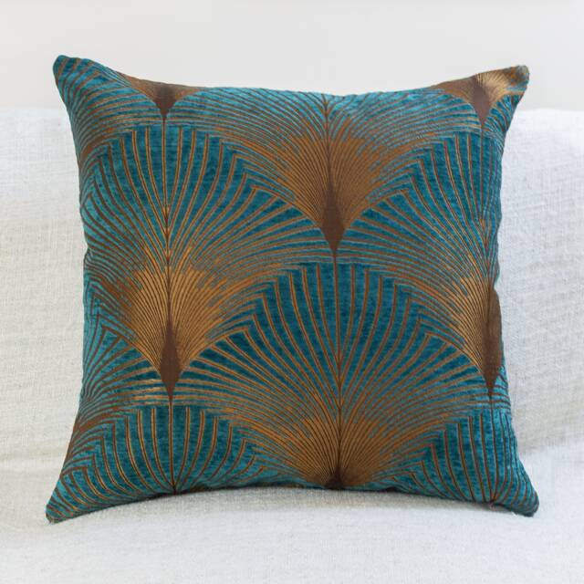 "Extra Large Art Deco Fan Cushion. Teal & Gold. Luxury Velvet Chenille. Double Sided Geometric Feather Style. 23""x23"