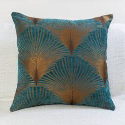 "Extra Large Art Deco Fan Cushion. Teal & Gold. Luxury Velvet Chenille. Double Sided Geometric Feather Style. 23""x23"