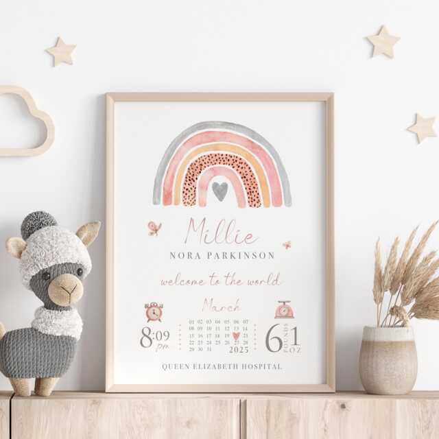 Personalised Rainbow Baby Birth Print Nursery Keepsake, Gift For New Baby, Parents - image 1
