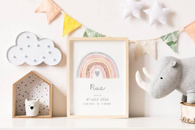 New Baby Personalised Rainbow Birth Print Keepsake Gift, Newborn Girls Nursery Decor, Pink - image 1