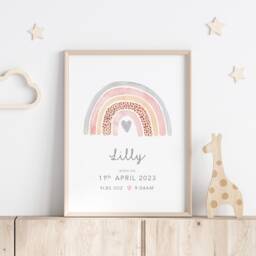 New Baby Personalised Rainbow Birth Print Keepsake Gift, Newborn Girls Nursery Decor, Pink - thumbnail 2