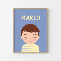 Personalized Portrait Boy With Brown Hair - Blue Yellow Illustration Poster For Kids Wall Decor Children's Room - thumbnail 1