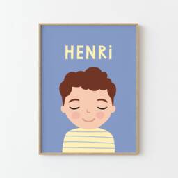Personalized Portrait Boy With Brown Hair - Blue Yellow Illustration Poster For Kids Wall Decor Children's Room - thumbnail 2