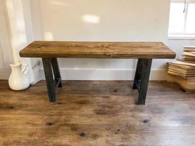 Handmade Rustic Pine Hall Bench With Industrial Iron Legs - image 1