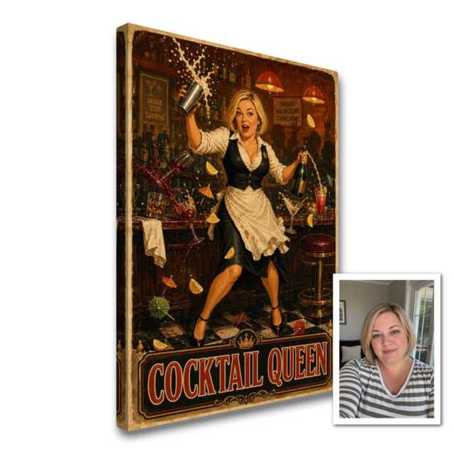 Personalised Cocktail Queen Canvas From Photo, Custom Text Vintage Bar Poster, Ready To Hang Home Wall Art Gift For Her Hostess - image 1