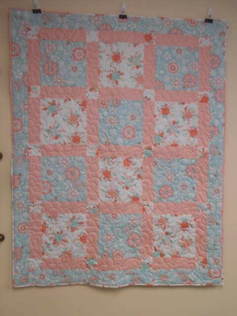 "Handmade Peach & Blue Floral Throw Quilt - 47"" X 60" - image 1