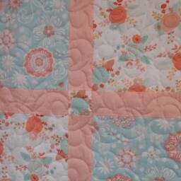 "Handmade Peach & Blue Floral Throw Quilt - 47"" X 60" - thumbnail 2