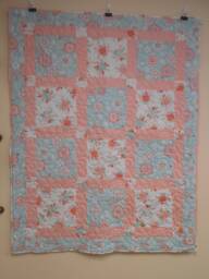 "Handmade Peach & Blue Floral Throw Quilt - 47"" X 60"