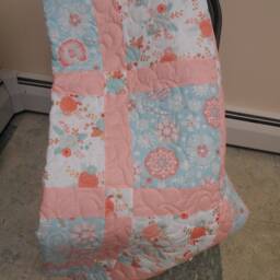 "Handmade Peach & Blue Floral Throw Quilt - 47"" X 60" - thumbnail 4