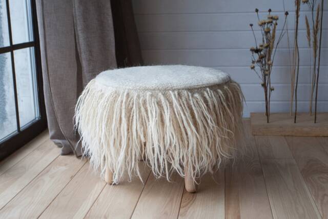 Round Cream Pouf, Flokati Pouf Ottoman, Boho Furniture, Ottoman With Legs, Minimalist Made Of 100% Sheeps Wool - image 1